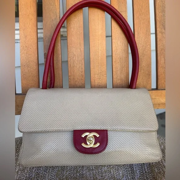 CHANEL Vintage Perforated Leather Top Handle Bag – Beige & Bordeaux - Picture 1 of 16